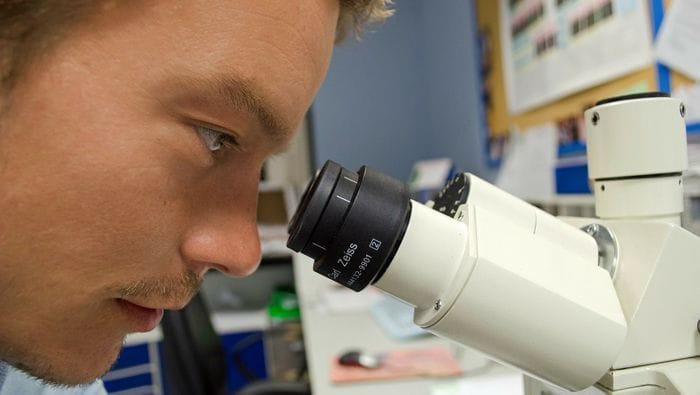 Técnico mirando por el microscopio