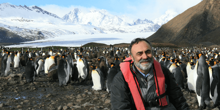 Josep del Hoyo posando con pingüinos